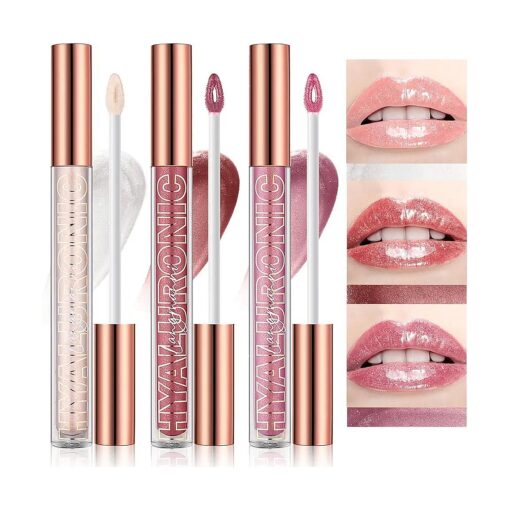 LANGMANNI Hyaluronic Acid Lip Gloss Set ( 3Pcs ), Shimmer & Long Lasting Smooth Texture Gloss For Lips Plumping, Moisturizing And Brightening, 0.1oz/pc ( # 1+ # 2+ # 3 )