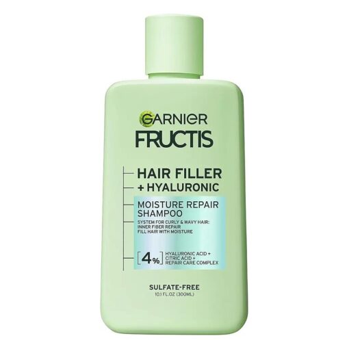 Garnier Fructis Hair Filler Moisture Repair Shampoo, Sulfate Free Shampoo for Curly, Wavy Hair with Hyaluronic Acid, 10.1 Fl Oz, 1 Count