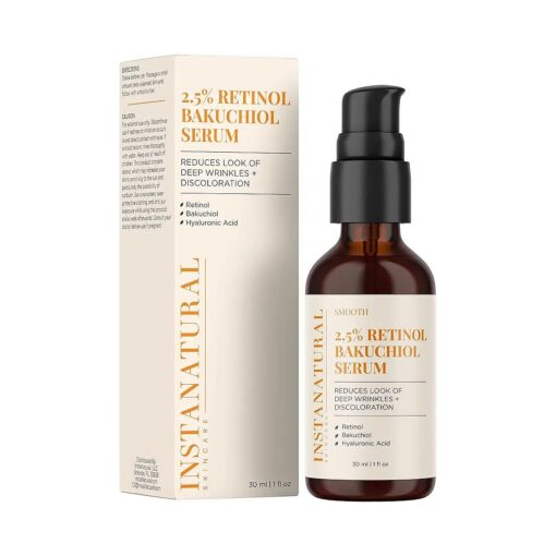 InstaNatural Retinol Serum for Face, 2.5 % Retinol Bakuchiol, Minimizes Lines, Wrinkles, Discoloration and Signs of Aging, with Hyaluronic Acid and Squalane, 1 Fl Oz