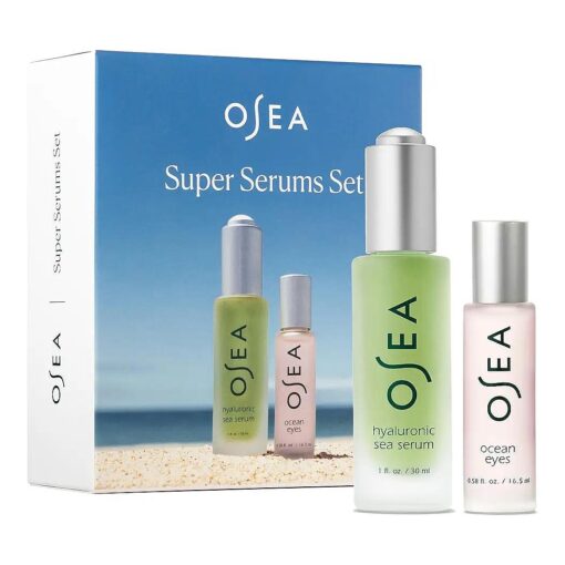 OSEA Super Serum Full Size Set - Hyaluronic Acid Sea Serum 1 oz & Ocean Eyes Age-Defying Eye Serum Cooling Roller - Full Size Value - Clean Beauty Set