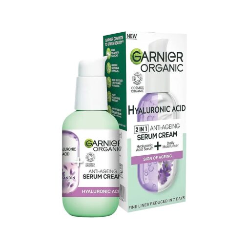 Garnier Organic Lavandin and Hyaluronic Acid Serum Cream, 2 in1 Formula With Hyaluronic Acid serum & Hydrating Moisturiser, Replumps Skin & Reduces Fine Lines, Organic and Vegan Formula, Clear, 50ML