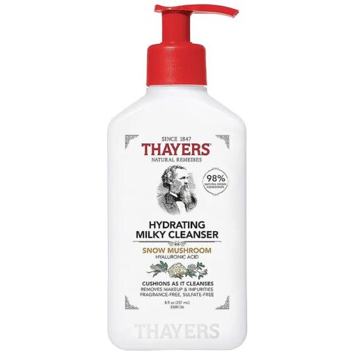 Thayers Milky Face Cleanser with Snow Mushroom, Hyaluronic Acid - Gentle, Hydrating, Dermatologist Recommended for Dry, Sensitive Skin - Paraben Free, 8 oz