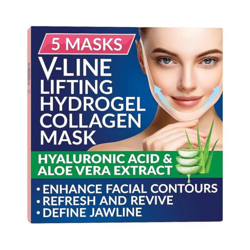 Stylia Double Chin Mask - V Line Chin Strap - Toning Hydrogel Collagen Face Mask with Hyaluronic Acid & Aloe Vera - 5PC