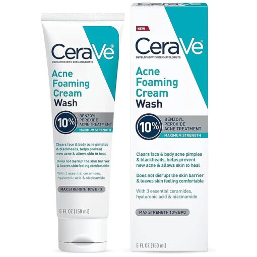 CeraVe Acne Foaming Cream Wash | Gentle Face and Body Acne Cleanser with Benzoyl Peroxide 10 %, Hyaluronic Acid, and Niacinamide | Acne Treatment Clears Pimples, Blackheads, Chest and Back Acne | 5 Oz