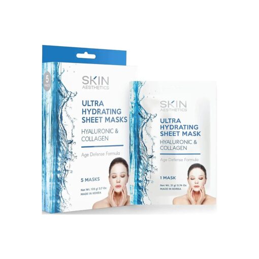 Hyaluronic & Collagen Sheet Face Mask - Skin Firming & Anti-Aging, Moisturizes & Plumps Skin, Ultra Hydrating Sheet Mask - Cruelty Free Korean Skin Care For All Skin Types - 5 Masks