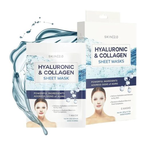 Hyaluronic Acid and Collagen Sheet Face Mask - Boosts Moisture, Skin Firming, Reduces Signs of Aging, Hydrating Sheet Mask - Cruelty Free Korean Skin Care For All Skin Types - 5 Masks