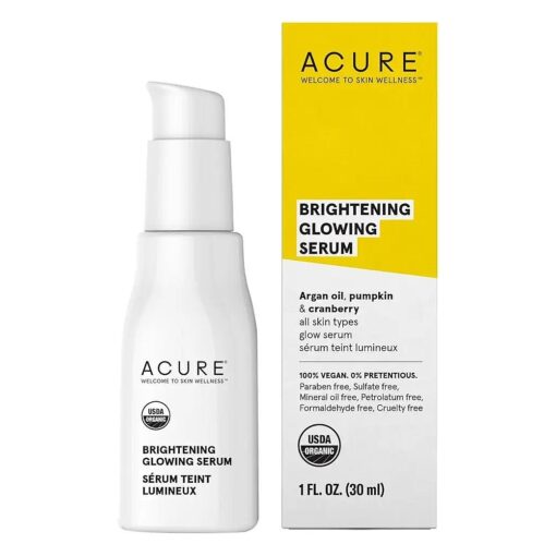 Acure Brightening Glowing Serum - Revitalize & Hydrate Face & Neck - Argan Oil, Pumpkin & Cranberry - Antioxidant Protection for All Skin Types- All Natural Hydrating Formula - 100 % Vegan, 1 Fl Oz