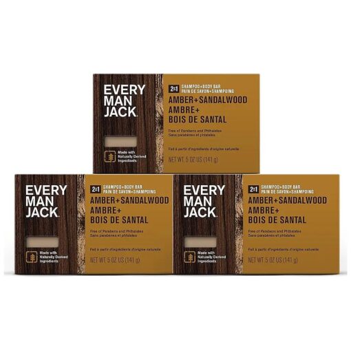 Every Man Jack Amber + Sandalwood Mens Soap Bar for Body and Hair with Shea Butter, Aloe Vera, and Glycerin to Clean, Hydrate, and Soothe Skin - Naturally Derived, Zero Harmful Chemicals - 3 Pack