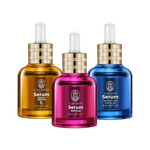 3 facial serum kit, Vitamin C Serum ( ascorbic acid ), Hyaluronic Acid Serum with Niacinamide, and Retinol Serum ( Vitamin A ), skincare, beauty, CLEOSKIN