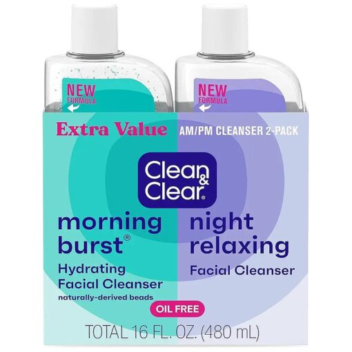 Clean & Clear 2-Pack Day & Night Daily Face Cleansers, Morning Burst Hydrating Facial Cleanser & Night Relaxing Deep Cleansing Face Wash, Oil-Free & Wo n't Clog Pores, 2 x 8 fl, oz