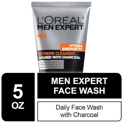 L'Oreal Men Expert Hydra Energetic Facial Cleanser with Charcoal for Daily Face Washing, Mens Face Wash, Beard and Skincare for Men, 5 fl, Oz