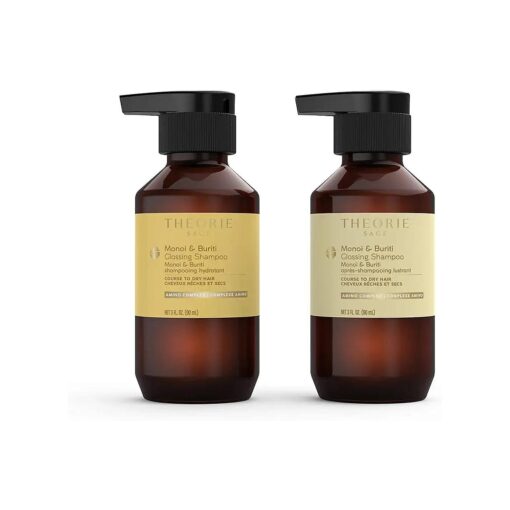 THEORIE Monoi and Buriti Travel Set - Glossing Shampoo & Conditioner minis - Hydrate & Shine - Suited for Coarse and Dry Hair - Protects Color & Keratin Treated Hair, 90mL each Bottle