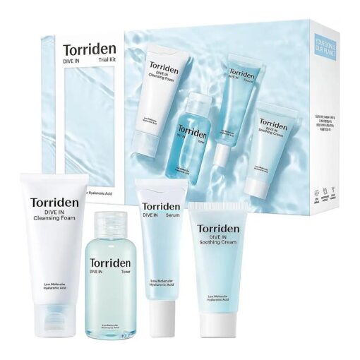 Torriden DIVE-IN Trial Kit, Hyaluronic Acid Infused Daily Skincare Kit - 4 Step Regimen with Foam Cleanser, Facial Toner, Serum, and Cream | Vegan, Hypoallergenic Korean Skin Care