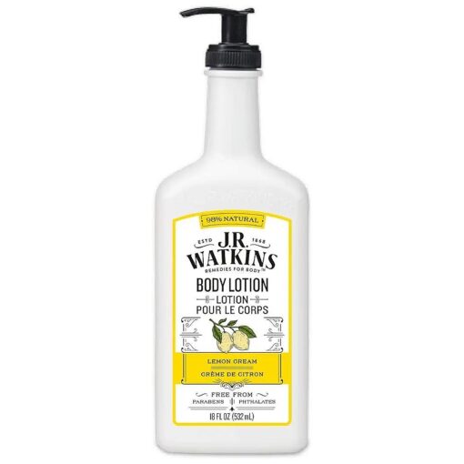 J.R. Watkins Daily Moisturizing Lotion - Body Cream in Pump Dispenser - Hydrating Skin Cream Made with Shea Butter, Cocoa Butter, Coconut Oil & Vitamin E, Lemon Cream, 18 fl oz