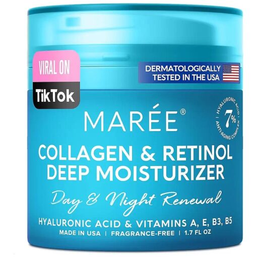 MAREE Face Moisturizer Collagen Cream - Anti Aging Face Cream with Hyaluronic Acid & Retinol - Collagen Cream with Hydrating Effect - Moisturizing Cream for Face with Vitamins A & E - 1.7oz