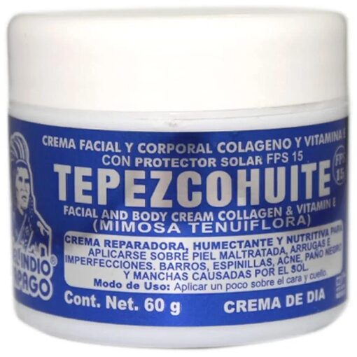 DEL INDIO PAPAGO Facial Day Skin Cream with Tepezcohuite 60g Small - Corporal Colageno Y Vitamina E - Hydrates the Skin