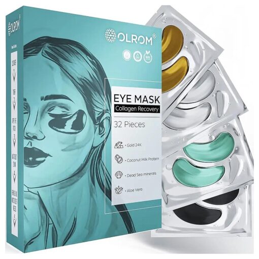 Collagen-Enriched Eye Mask - 16 pairs with 24k Gold, Dead Sea Minerals, Coconut Milk Protein and Aloe Vera under eye patches - Hydrating Hyaluronic Acid for Dark Circles & Puffiness - by Olrom