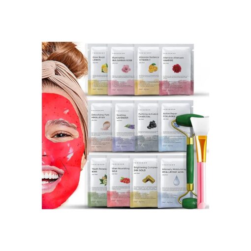 Jelly Mask for Facials - 12 Flavors Hydrating & Brightening Jelly Face Masks | Free Jade Roller & Spatula | Bulgarian Rose, Lavender, Hyaluronic Acid, 24K Gold face mask skin care |Vajacial Jelly Mask