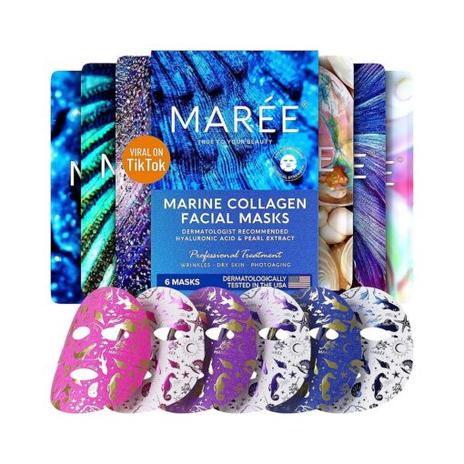 MAREE Facial Masks with Marine Collagen & Hyaluronic Acid - Sheet Moisturizing Masks for Face with Green & Red Algae Extract for All Skin Types - Hydrating Skin Care Mask with Pearl Extract - 6 Pack