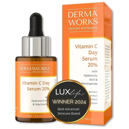 DERMAWORKS Vitamin C Face Serum - Skin Brightening Serum - Vitamin C Serum for Face - Dark Spot Correcting Glow Serum with Hyaluronic Acid & Niacinamide - Hydrating, Anti Aging, Anti Wrinkle - 30ml