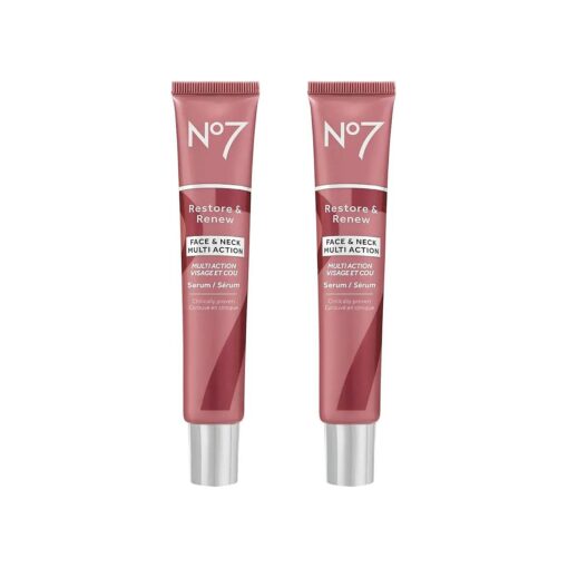 No7 Restore & Renew Face & Neck Multi Action Serum - Collagen Peptide Anti-Aging Facial Serum - Hyaluronic Acid Hydrating Serum + Pro Retinol Skin & Neck Firming Hibiscus Peptides ( 2 pack, 50 ml each )