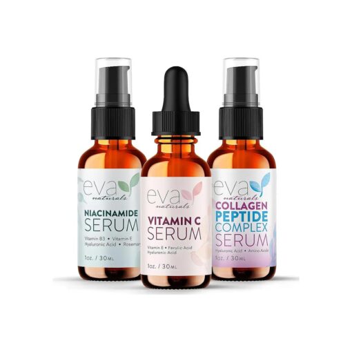 Natural Firm & Glow Skincare Set of 3 Serums - Skin Care Products With 20 % Vitamin C Serum, Peptide Complex Serum, Niacinamide Vitamin B3 Serum - Peptides Serum for Face - Face Serum by Eva Naturals