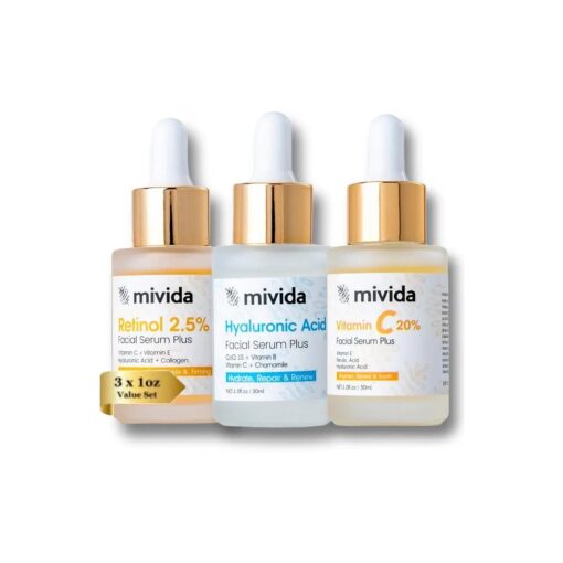 mivida Face Serum Trio, Vitamin C, Hyaluronic-Acid and Retinol Serum For Face - 3 Bottles x 1 Fl Oz Each, Anti Aging Skin Care Set for Women, For Brightening, Firming & Hydrating