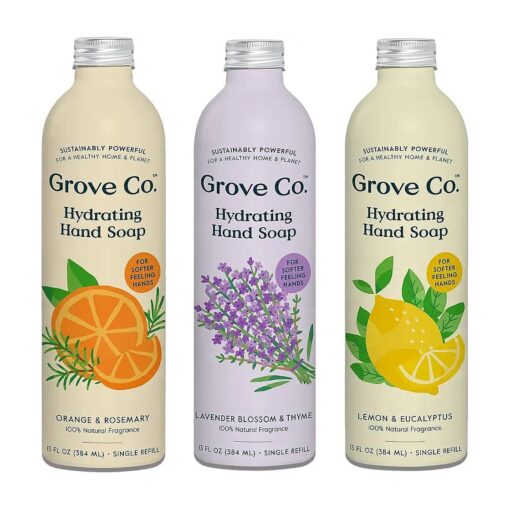 Grove Co. Hydrating Gel Hand Soap Refills ( 3 x 13 Fl Oz ) Plastic-Free Liquid Hands Cleaner Refill Set, 100 % Natural Lemon & Eucalyptus + Lavender & Thyme + Orange & Rosemary Fragrance