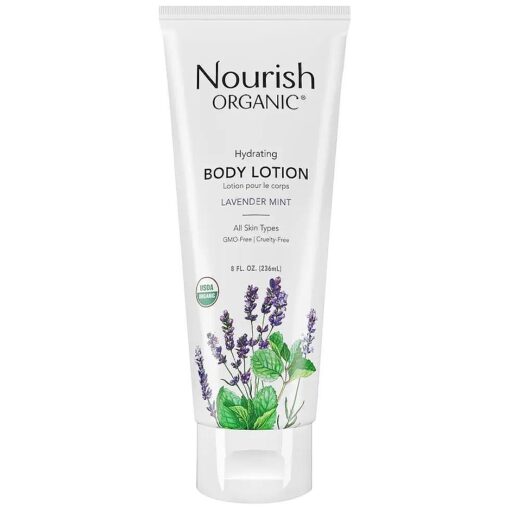 Nourish Organic Body Lotion, Lavender Mint - Hydrating Body Lotion for Dry Skin with Certified Organic Aloe Vera, Shea Butter, Coconut Oil & Cocoa Butter + Washable Cotton Round ( 2 Piece Set )