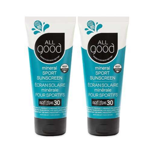 All Good Sport Mineral Sunscreen Lotion - Coral Reef Friendly, Water & Sweat Resistant, Face & Body, UVA/UVB Broad Spectrum SPF 30+ ( 3 oz ) ( 2-Pack )