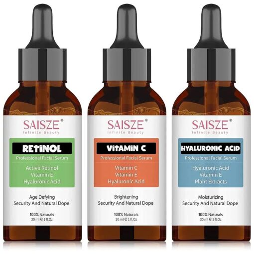 SAISZE Anti-Aging Facial Serum - 3 Pack, Vitamin C, Hyaluronic Acid, Retinol - Brightening Serum, Anti Wrinkle Serum, Dark Spot Corrector for Face, Acne Scars, Pore Minimizer