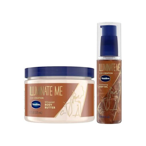 Vaseline Illuminate Me Body Butter & Body Oil - Shimmering Body Bronzer, Hydrating Whipped Organic Shea Butter with 24-Hour Moisture for Melanin-Rich Skin, Radiant Body Glow Oil ( 2 Piece Set )