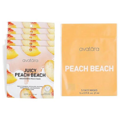 Avatara - Juicy Peach Brightening Facial Mask, Hydrating Mask, Sheet Masks with Peach Extract and Hyaluronic Acid, Face Mask Skincare Made with Natural Tencel Fiber, Paraben-Free, 5 Sheets