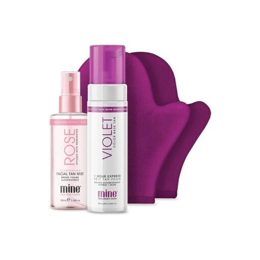 MineTan Best Sellers Self Tanner Bundle | Includes Cult Faves - Violet Self Tan Foam, Rose Mist Face Tanner, Self Tanner Mitt Applicator + Exfoliating Mitt for Self Tan Removal & Prep ; No orange tones