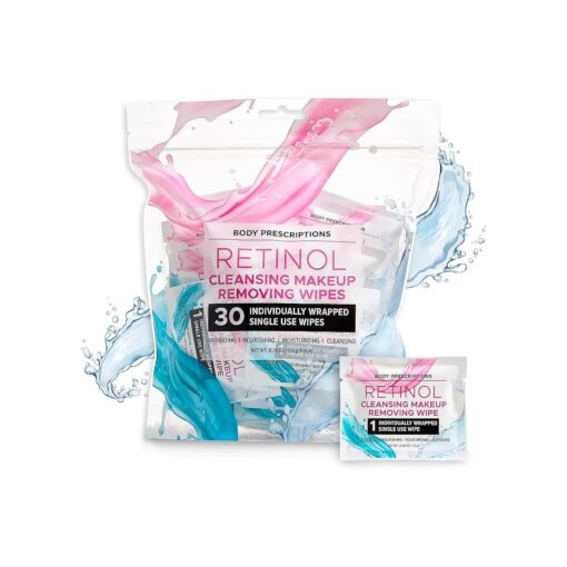 Body Prescriptions Retinol Cleansing Makeup Removing Wipes, 30 Individually Wrapped Single Use Wipes, Hydrating, Nourishing, Moisturizing, 7.5g each