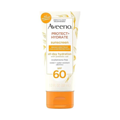 Aveeno Protect + Hydrate Moisturizing Body Sunscreen Lotion with Broad Spectrum SPF 60 & Prebiotic Oat, Weightless & Refreshing Feel, Paraben-Free, Oil-Free, Oxybenzone-Free, 3.0 fl, Oz