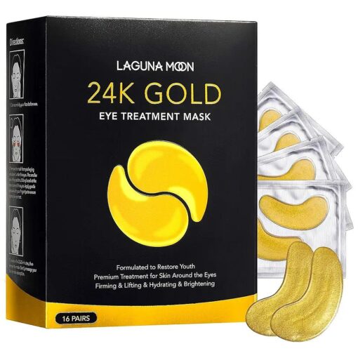 24K Gold Eye Mask, Anti-Aging Hydrolyzed Collagen and Hyaluronic Acid Under Eye Patches for Puffy Eyes & Bags, Dark Circles and Wrinkles, 16 pairs