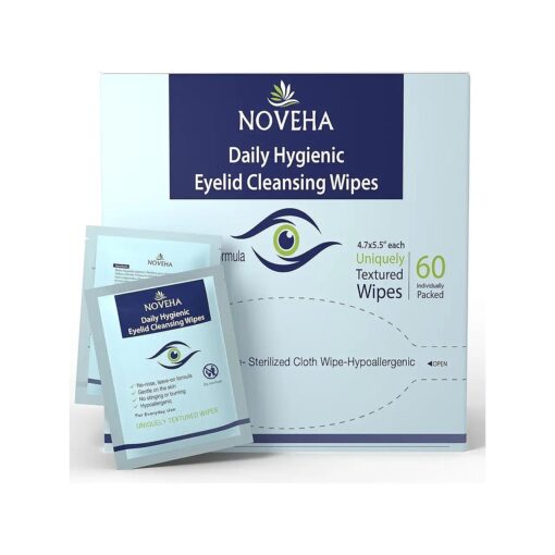 NOVEHA Daily Hygienic Eyelid & Lash Wipes | For Blepharitis & Itchy Eyes, Demodex | Box Of 60 Individually Wrapped Eyelash Wipes, Natural Makeup Remover & Daily Cleanser