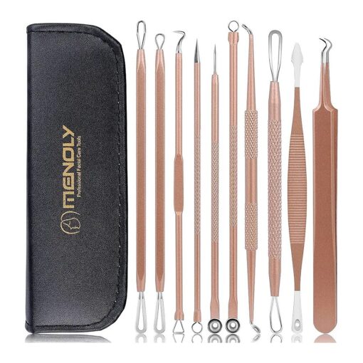 Pimple Popper Tool Kit, MENOLY 10 Pcs Blackhead Remover Comedone Extractor Acne Removal Kit for Blemish, Whitehead Popping, Zit Removing for Nose Face Tools with a Leather Bag ( Rose Gold )