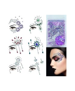 Face Jewels-6Sheets Face Gems Stick On+10g Chunky Glitter, Face Jewelry Rhinestones Crystals Stickers-Fairy Euphoria Eye Body Makeup Rave Clothes Festival Outfit Accessories Teen Girl Gifts