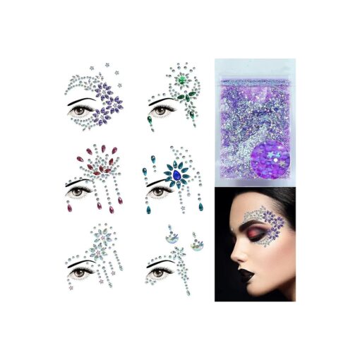 Face Jewels-6Sheets Face Gems Stick On+10g Chunky Glitter, Face Jewelry Rhinestones Crystals Stickers-Fairy Euphoria Eye Body Makeup Rave Clothes Festival Outfit Accessories Teen Girl Gifts