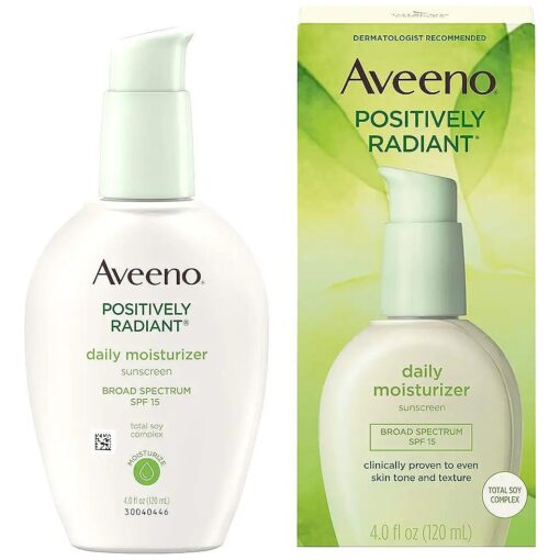 Aveeno Positively Radiant Daily Facial Moisturizer with Broad Spectrum SPF 15 Sunscreen & Total Soy Complex for Even Tone & Texture, Hypoallergenic, Oil-Free & Non-Comedogenic, 4 fl, oz