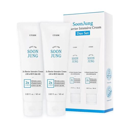 ETUDE SoonJung 2x Barrier Intensive Cream Duo Set ( 2.02 Fl.oz x 2ea ) | Hypoallergenic Shea Butter Hydrating Facial Cream for Sensitive Skin, Water-oil Balance & Panthenol for Damaged Skin | K-beauty