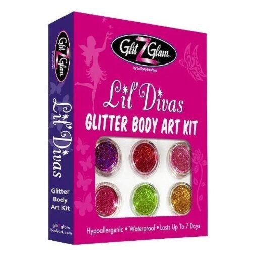 Lil Divas Glitter Tattoo Kit with 6 Large Glitters & 12 Stencils for Temporary Tattoos - Hypoallergenic and Dermatologist Tested !