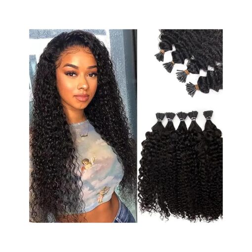 Kinky Curly I Tip Hair Extensions # 1B Black Keratin Hair Extensions Stick I Tip Human Hair Bundles 16 Inch Pre Bonded Microlinks Real Hair Cold Fusion Curly I Tip Hair Extensions 100stands 50g