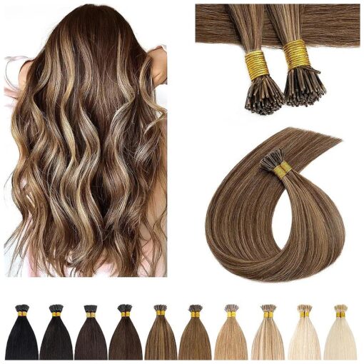 SEGO I Tip Hair Extensions Human Hair Keratin Pre Bonded MicroBeads Tip Hair Balayage Natural Silky Straight Extensions 100 Strands 50g/Pack -16 Inch Medium Brown & Dark Blonde