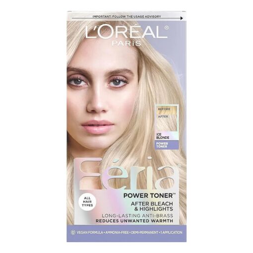 Feria Long-Lasting Anti Brass Power Hair Toner, Ammonia Free Demi Permanent Hair Color, Ice Blonde Hair Toner, 1 Application