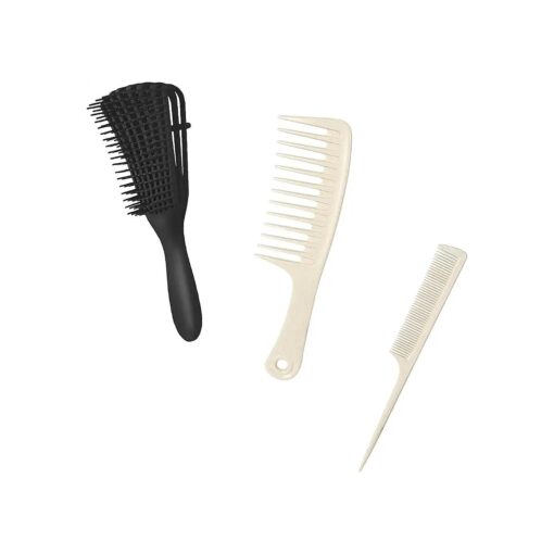 Styling Hair Comb Set - Wet Hair Brush Detangling Brush, Wide Tooth Comb, Tail Comb - Multifunctional package, Great for Thick Wet Hair of Women and Kids with No Pain ( Truffle Black - Cream Beige )