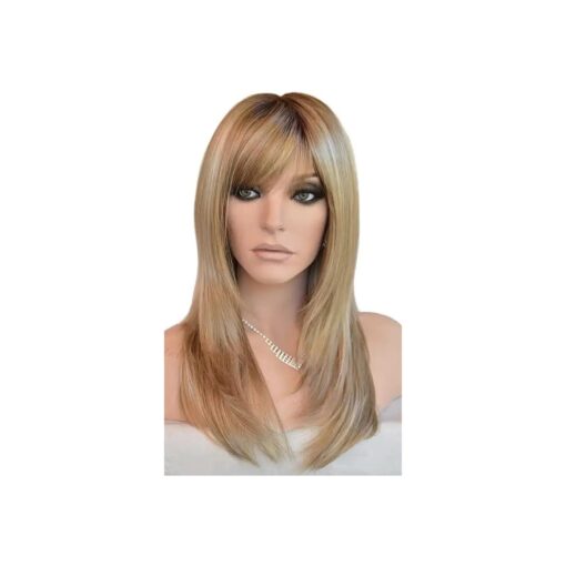 Long Straight Blonde Wigs Imported Synthetic Ombre Dark Root Layered High Dentistry Glazed Hair Replacement Wigs for Women with Inclined Bangs 22 Inches ( T/Blonde )