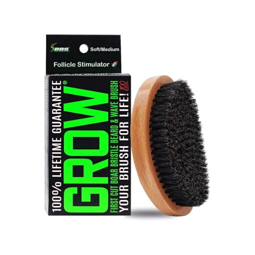 GROW First Cut Boar Bristle Beard & Wave Brush for Men 360 - Beard/Hair Growth Follicle Stimulator - Exfoliate - Detangle - Moisturize - Improve Circulation & Blood Flow ( USA )